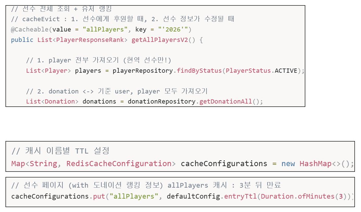 getAllPlayersV2에 붙은 @Cacheable 어노테이션과 캐시 이름별 TTL 설정 코드