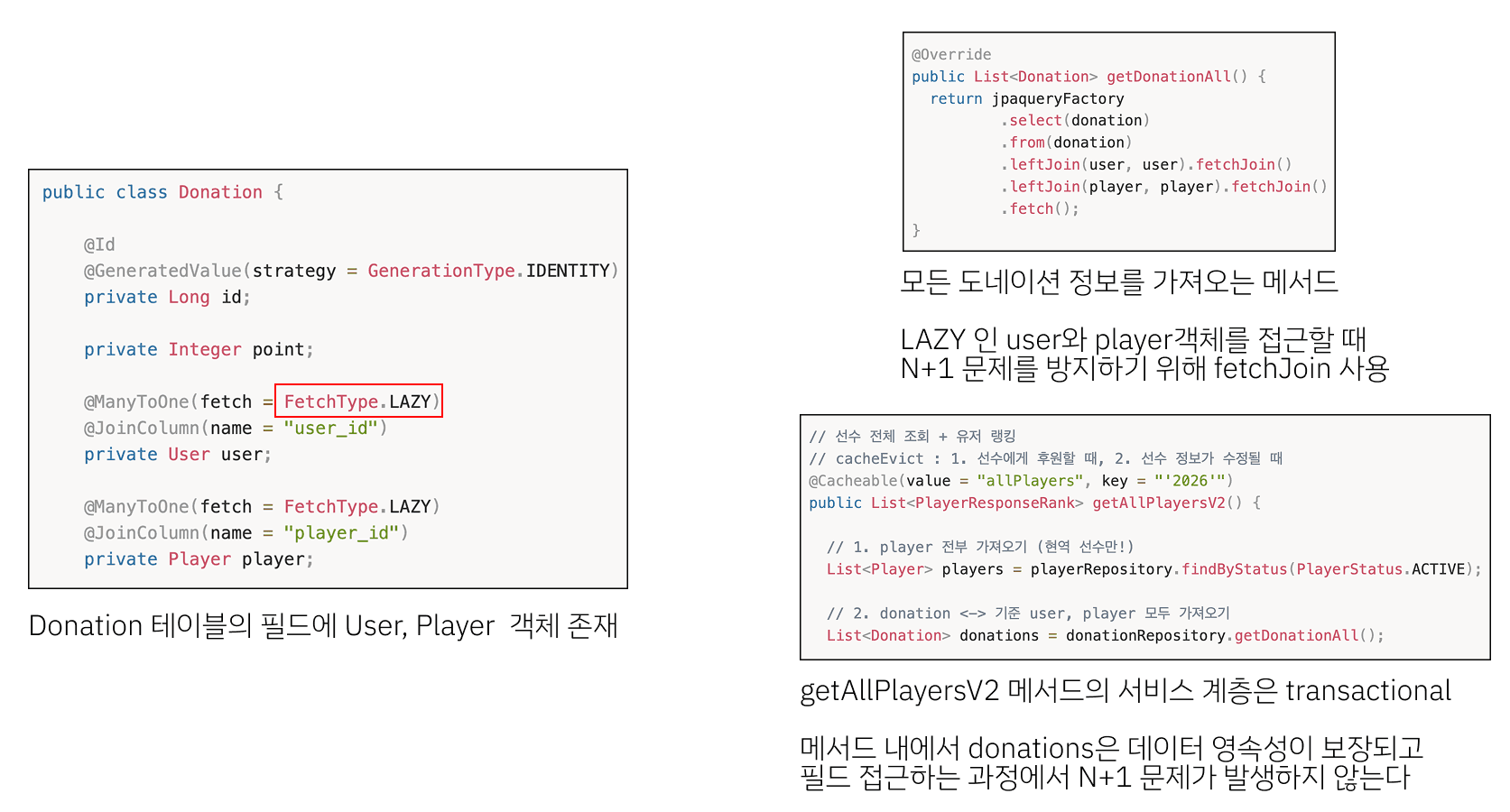 Donation 엔티티의 LAZY 연관관계와 getAllPlayersV2 메서드 구조